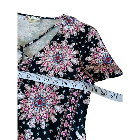 Pink Rose Dress Women's Size Large Short Sleeve Stretchy Black Pink Teal - Picture 11 of 12